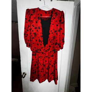 Vintage Red & Black Floral Print With Blouson Top & Elastic Waist Skirt Set Med